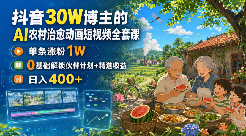 抖音30W博主的AI农村治愈动画短视频全套课｜单条涨粉1W，0基础解锁伙伴计划+精选收益，日入400+-87副业网 - 互联网副业项目资源分享平台