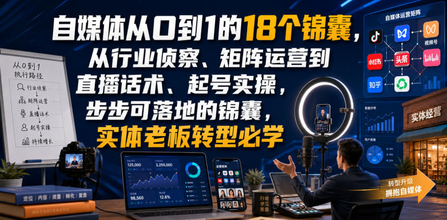自媒体从0到1的18个锦囊，从行业侦察、矩阵运营到直播话术、起号实操，步步可落地的锦囊，实体老板转型必学-87副业网 - 互联网副业项目资源分享平台