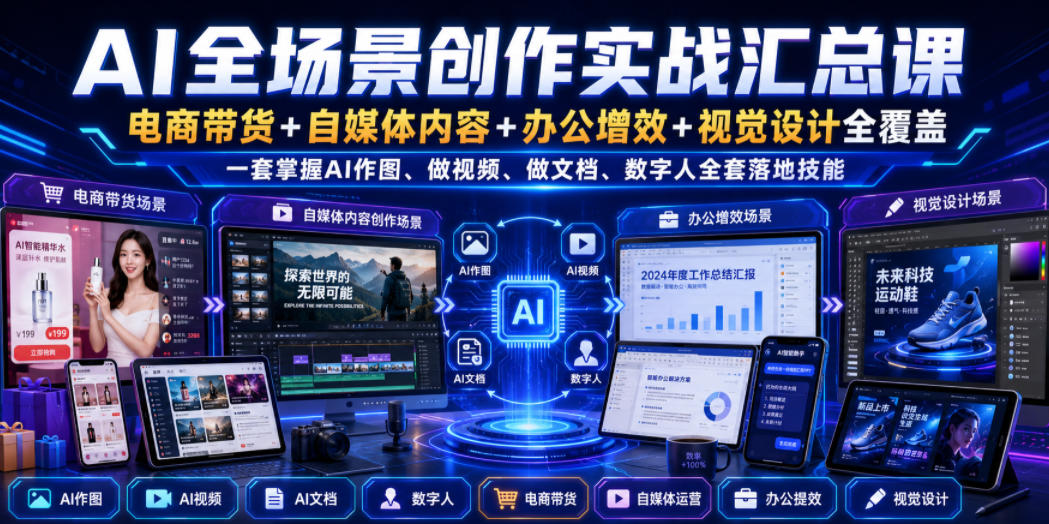 AI全场景创作实战汇总课|电商带货+自媒体内容+办公增效+视觉设计全覆盖,一套掌握AI作图、做视频、做文档、数字人全套落地技能-87副业网 - 互联网副业项目资源分享平台