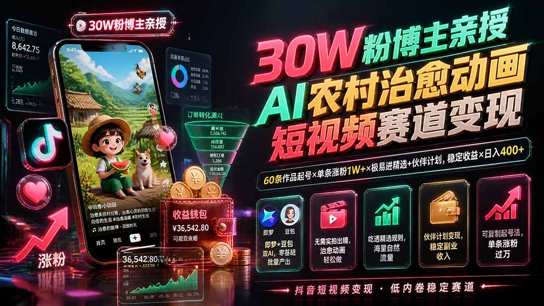 30W粉博主亲授AI农村治愈动画短视频赛道变现：60条作品起号×单条涨粉1W+×极易进精选+伙伴计划，稳定收益×日入400+-87副业网 - 互联网副业项目资源分享平台