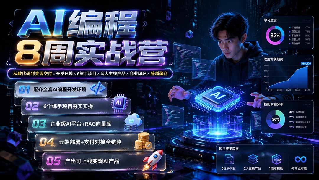 AI编程8周实战营：从敲代码到变现交付×开发环境×6练手项目×两大主线产品×商业闭环×跨越盈利-87副业网 - 互联网副业项目资源分享平台