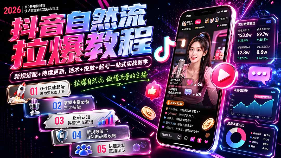 抖音自然流拉爆教程-更新7月：做懂流量的主播，新规适配+持续更新，话术+投放+起号一站式实战教学-87副业网 - 互联网副业项目资源分享平台