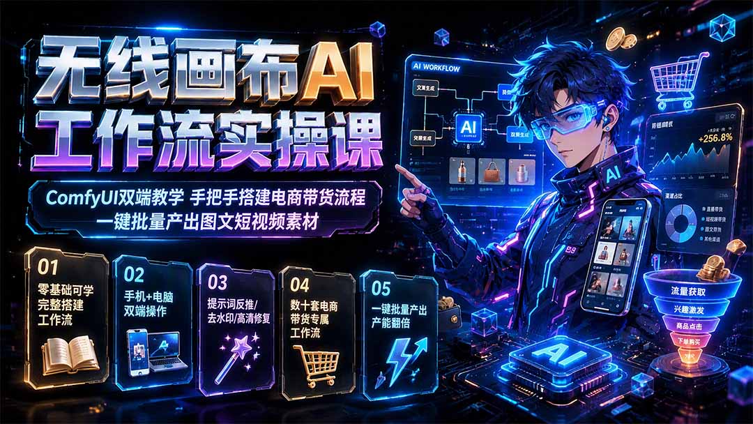 无线画布AI工作流实操课|ComfyUI双端教学,手把手搭建电商带货流程,一键批量产出图文短视频素材-87副业网 - 互联网副业项目资源分享平台