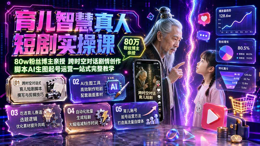 育儿智慧真人短剧实操课｜80w粉丝博主亲授，跨时空对话剧情创作，脚本AI生图起号运营一站式完整教学-87副业网 - 互联网副业项目资源分享平台