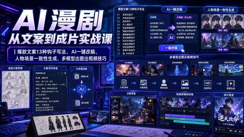 AI漫剧从文案到成片实战课|爆款文案13种钩子写法、AI一键改稿、人物场景一致性生成、多模型出图出视频技巧-87副业网 - 互联网副业项目资源分享平台