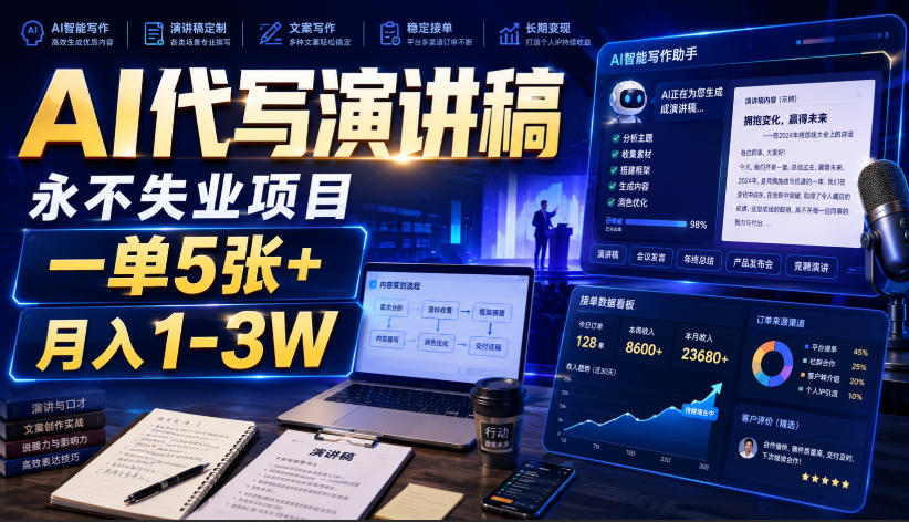 AI代写演讲稿,永不失业项目,一单5张+,月入1-3W【揭秘】-87副业网 - 互联网副业项目资源分享平台