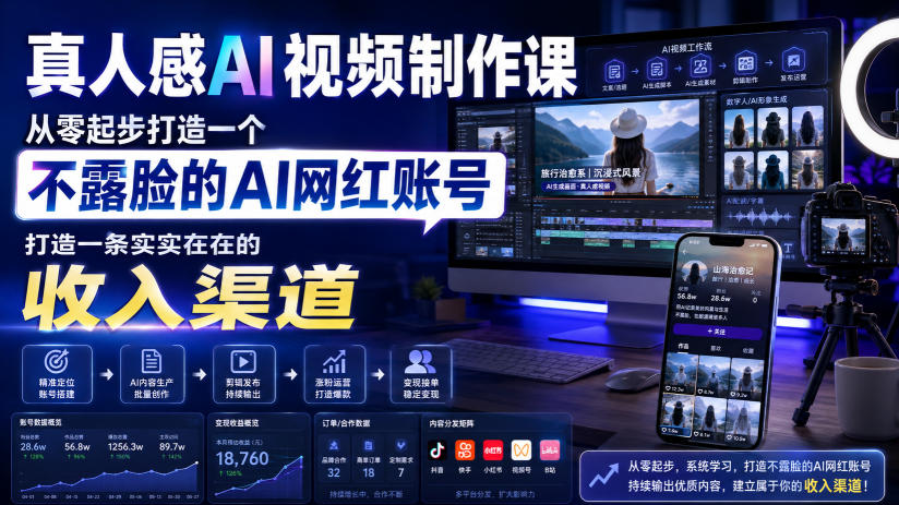 真人感AI视频制作课，从零起步打造一个不露脸的AI网红账号，打造一条实实在在的收入渠道【原创双语字幕】-87副业网 - 互联网副业项目资源分享平台