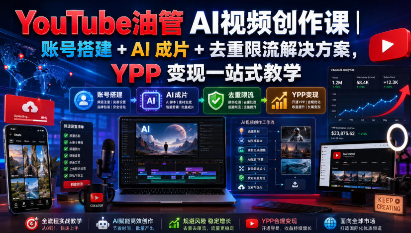 YouTube油管AI视频创作课|账号搭建+AI成片+去重限流解决方案,YPP变现一站式教学-87副业网 - 互联网副业项目资源分享平台