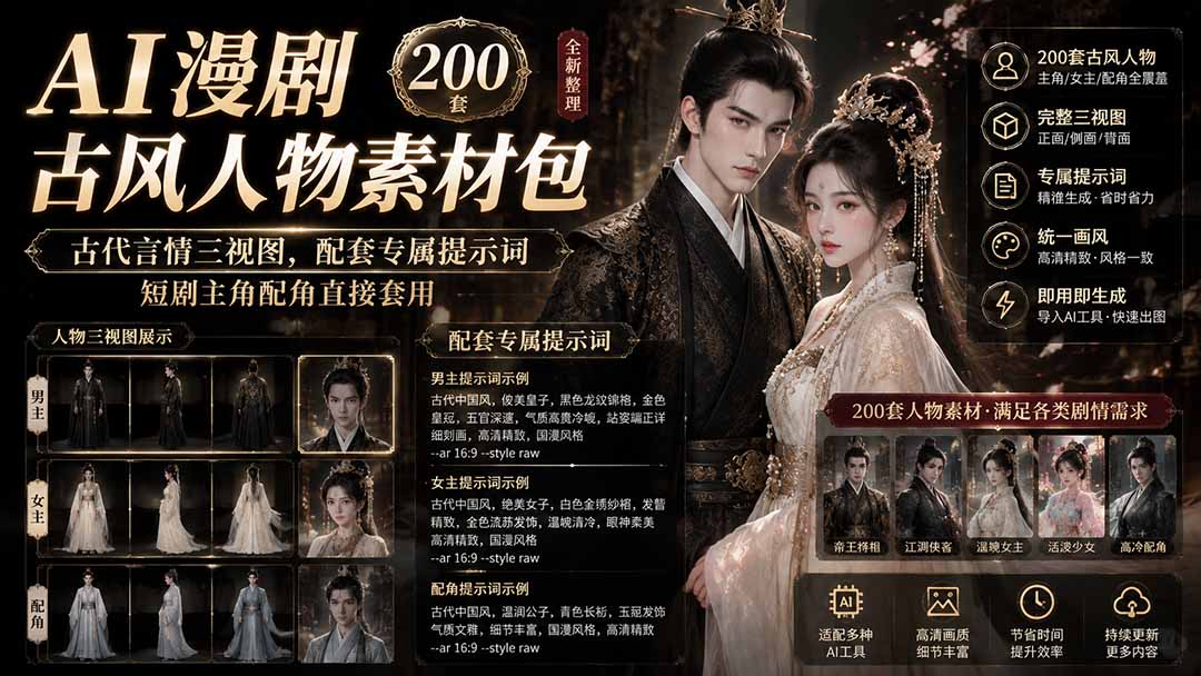 AI漫剧古风人物素材包+提示词｜200 套古代言情三视图，配套专属提示词短剧主角配角直接套用-87副业网 - 互联网副业项目资源分享平台