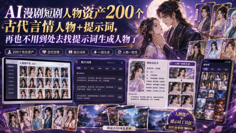 AI漫剧短剧人物资产200个古代言情人物+提示词,再也不用到处去找提示词生成人物了-87副业网 - 互联网副业项目资源分享平台