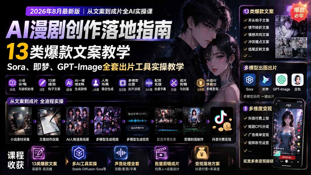 AI漫剧创作落地指南｜13类爆款文案教学，Sora、即梦、GPT-Image全套出片工具实操教学-87副业网 - 互联网副业项目资源分享平台