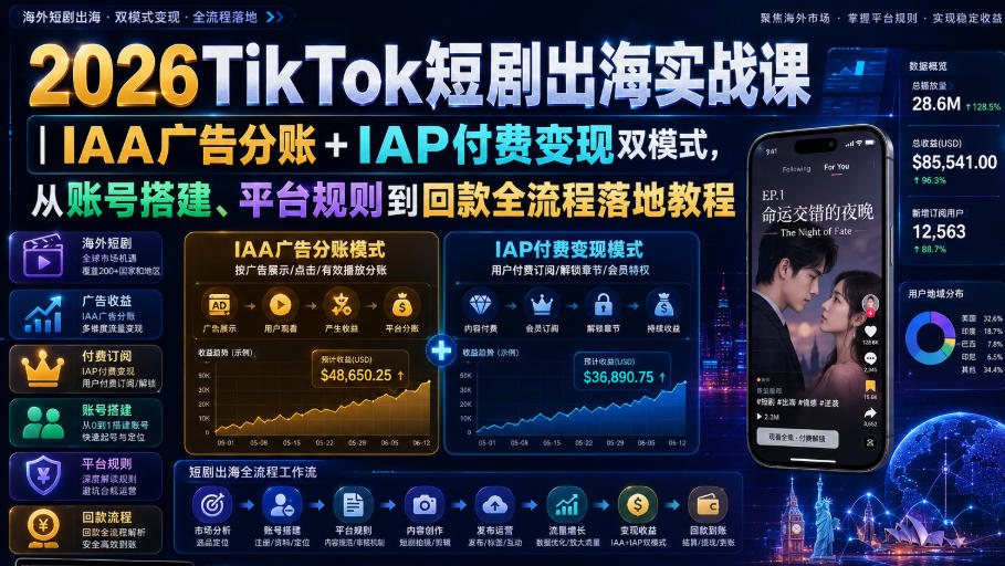 2026TikTok短剧出海实战课｜IAA广告分账+IAP付费变现双模式，从账号搭建、平台规则到回款全流程落地教程-87副业网 - 互联网副业项目资源分享平台