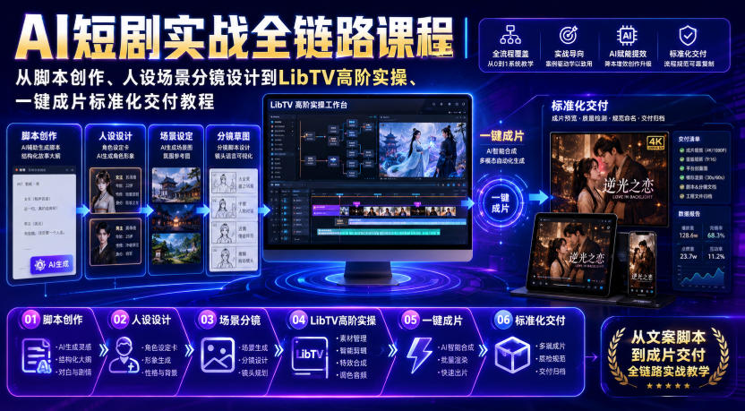 AI短剧实战全链路课程｜从脚本创作、人设场景分镜设计到LibTV高阶实操、一键成片标准化交付教程-87副业网 - 互联网副业项目资源分享平台