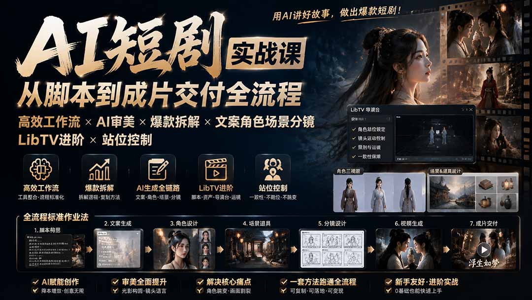 AI短剧实战课：高效工作流×AI审美×爆款拆解×文案角色场景分镜×LibTV进阶×站位控制×从脚本到成片交付全流程-87副业网 - 互联网副业项目资源分享平台