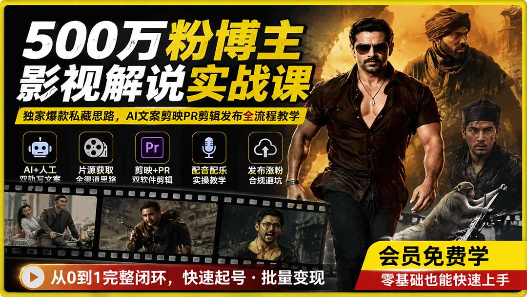 500万粉博主影视解说实战课｜独家爆款私藏思路，AI文案剪映PR剪辑发布全流程教学-87副业网 - 互联网副业项目资源分享平台