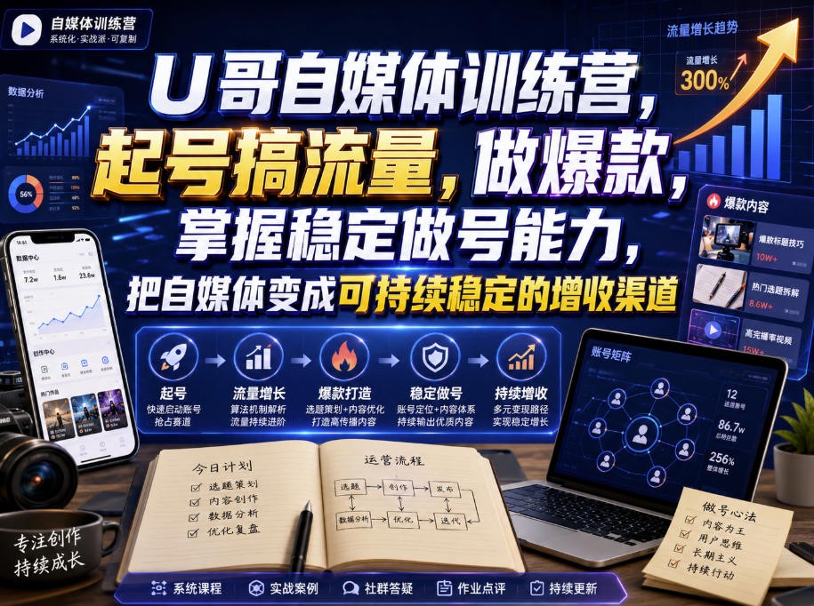 U哥自媒体训练营,起号搞流量,做爆款,掌握稳定做号能力,把自媒体变成可持续稳定的增收渠道-87副业网 - 互联网副业项目资源分享平台