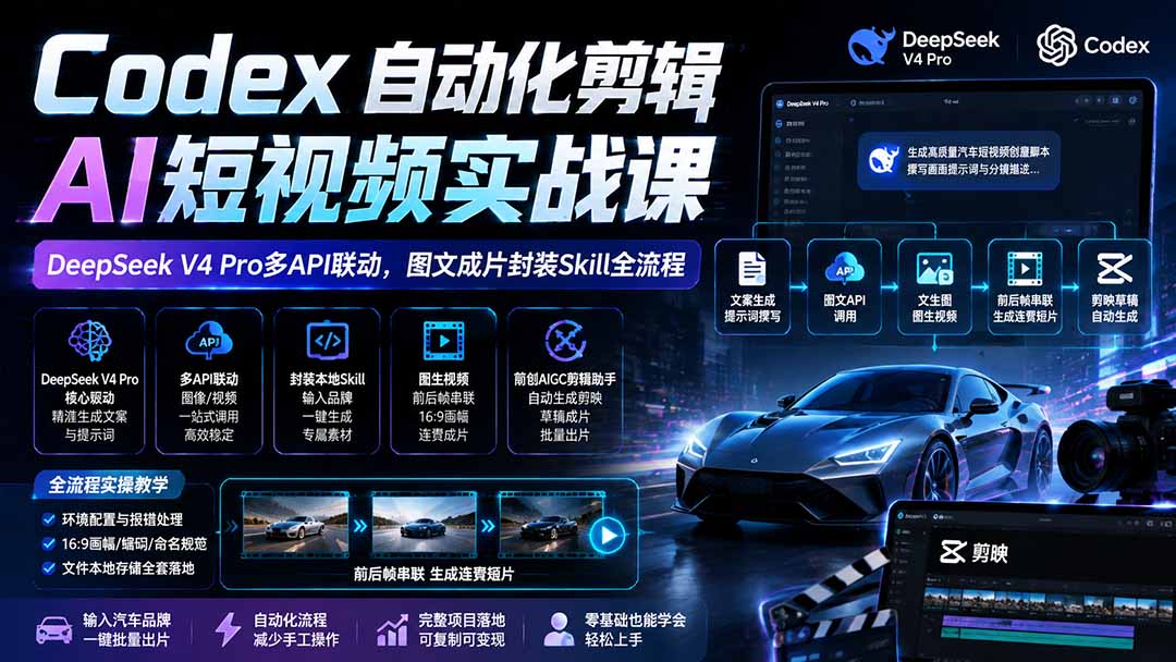 Codex自动化剪辑AI短视频实战课｜DeepSeek V4 Pro多API联动，图文成片封装Skill全流程-87副业网 - 互联网副业项目资源分享平台