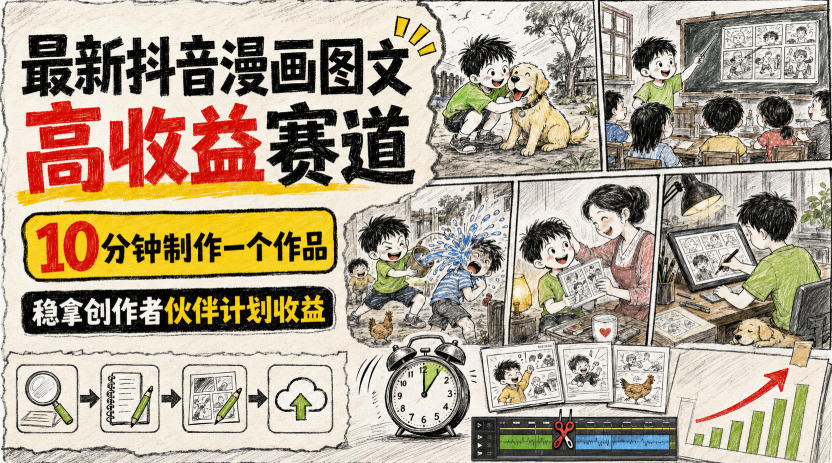 最新抖音漫画图文高收益赛道，10分钟制作一个作品，稳拿创作者伙伴计划收益-87副业网 - 互联网副业项目资源分享平台