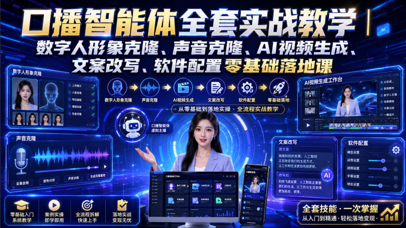 口播智能体全套实战教学｜数字人形象克隆、声音克隆、AI视频生成、文案改写、软件配置零基础落地课-87副业网 - 互联网副业项目资源分享平台
