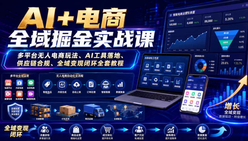 AI+电商全域掘金实战课｜多平台无人电商玩法、AI工具落地、供应链合规、全域变现闭环全套教程-87副业网 - 互联网副业项目资源分享平台