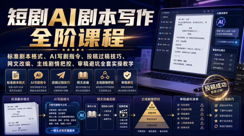 短剧AI剧本写作全阶课程｜标准剧本格式、AI写剧指令、投稿过稿技巧、网文改编、主线剧情把控、审稿避坑全套实操教学-87副业网 - 互联网副业项目资源分享平台