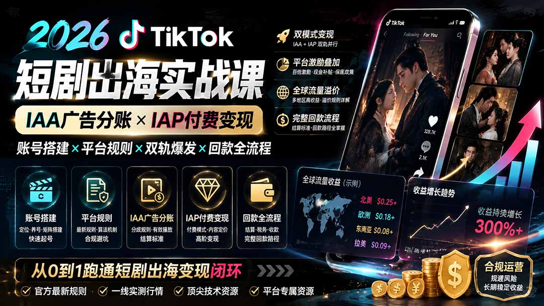 2026TikTok短剧出海实战课:IAA广告分账×IAP付费变现×账号搭建×平台规则×双轨爆发×回款全流程-87副业网 - 互联网副业项目资源分享平台
