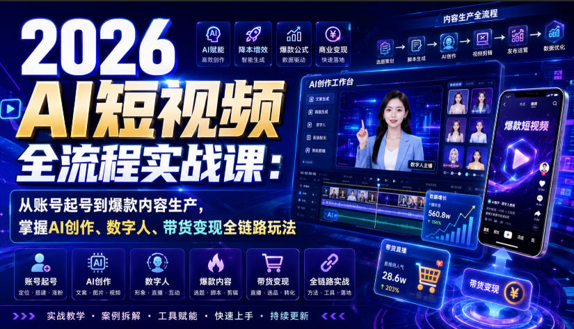 2026 AI短视频全流程实战课：从账号起号到爆款内容生产，掌握AI创作、数字人、带货变现全链路玩法-87副业网 - 互联网副业项目资源分享平台