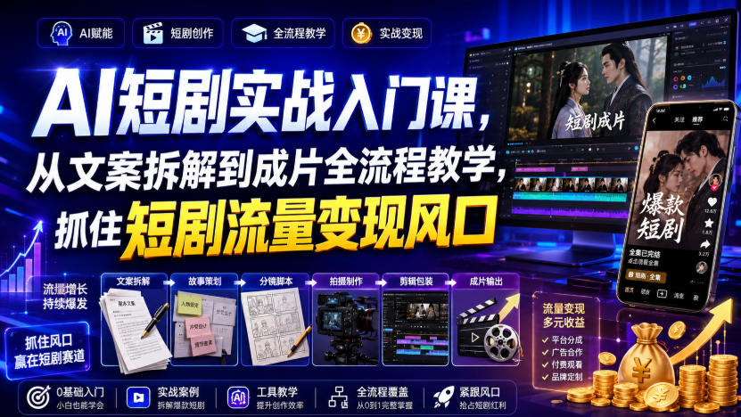 AI短剧实战入门课，从文案拆解到成片全流程教学，抓住短剧流量变现风口-87副业网 - 互联网副业项目资源分享平台
