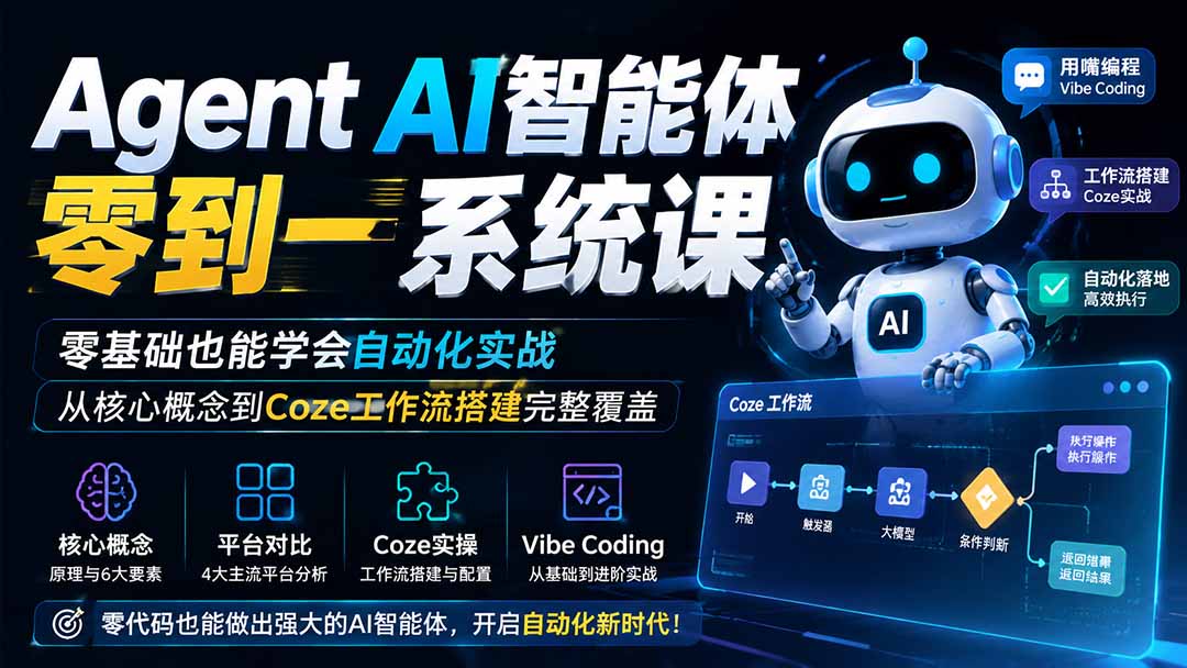Agent AI智能体零到一系统课;零基础也能学会自动化实战,从核心概念到Coze工作流搭建完整覆盖-87副业网 - 互联网副业项目资源分享平台