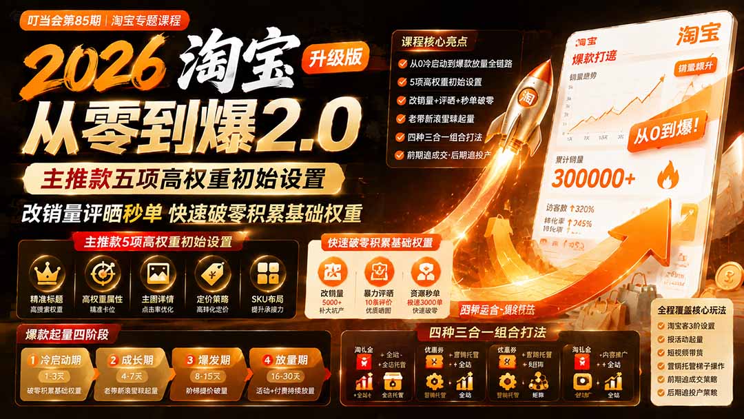 2026淘宝从零到爆2.0第85期;主推款五项高权重初始设置,改销量评晒秒单快速破零积累基础权重-87副业网 - 互联网副业项目资源分享平台