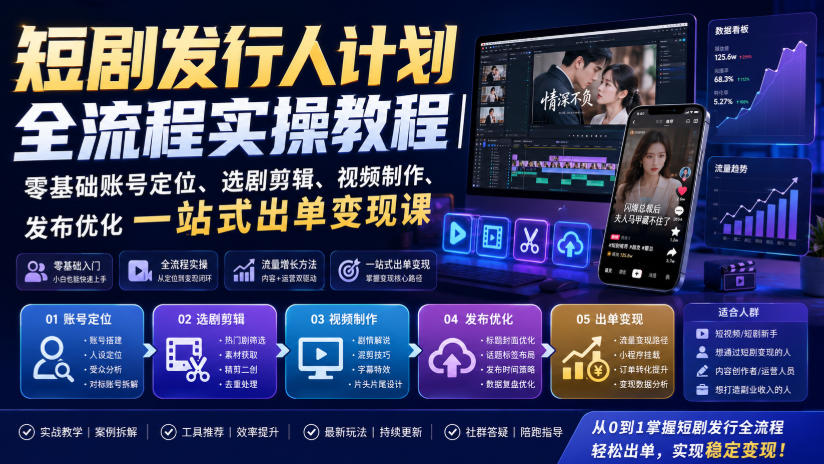短剧发行人计划全流程实操教程｜零基础账号定位、选剧剪辑、视频制作、发布优化一站式出单变现课​-87副业网 - 互联网副业项目资源分享平台