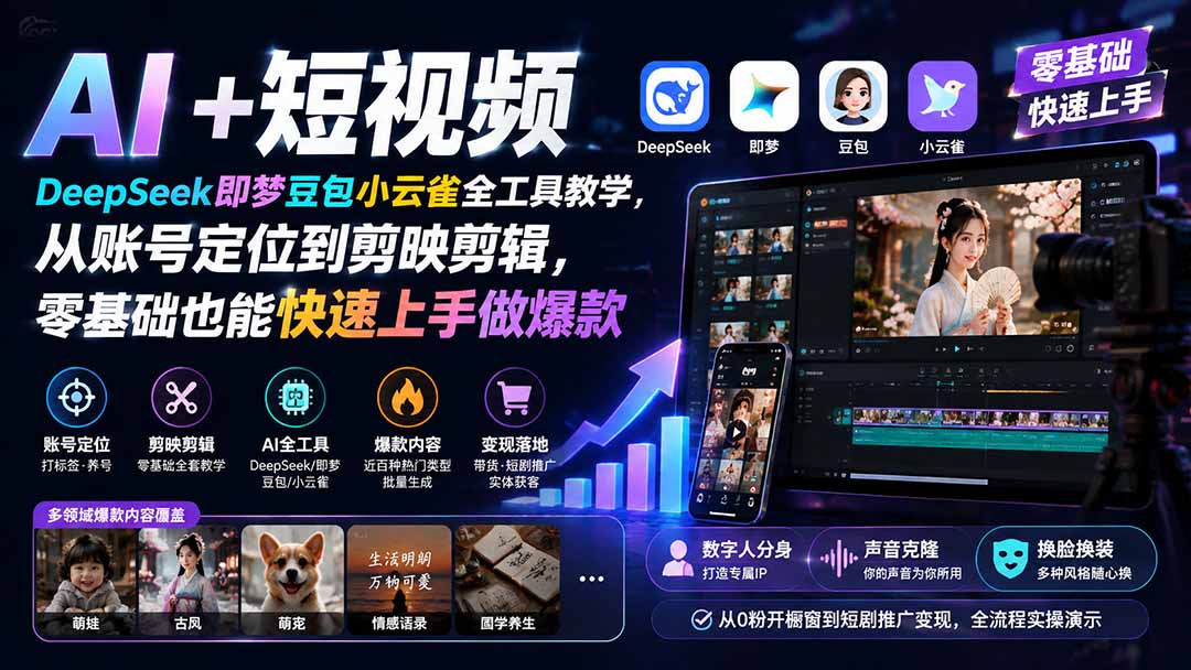 AI+短视频|DeepSeek即梦豆包小云雀全工具教学,从账号定位到剪映剪辑,零基础也能快速上手做爆款-87副业网 - 互联网副业项目资源分享平台