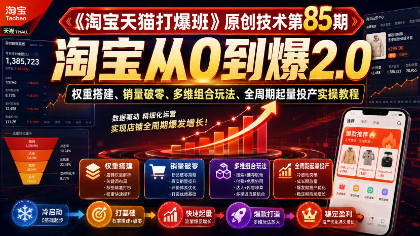 《淘宝天猫打爆班》原创技术第85期，淘宝从0到爆2.0，权重搭建、销量破零、多维组合玩法、全周期起量投产实操教程-87副业网 - 互联网副业项目资源分享平台