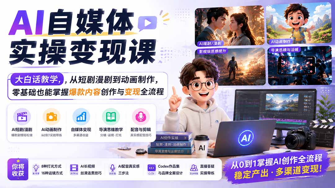 AI自媒体实操变现课｜大白话教学，从短剧漫剧到动画制作，零基础也能掌握爆款内容创作与变现全流程-87副业网 - 互联网副业项目资源分享平台