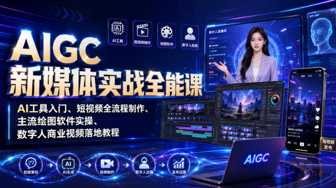 AIGC新媒体实战全能课｜AI工具入门、短视频全流程制作、主流绘图软件实操、数字人商业视频落地教程-87副业网 - 互联网副业项目资源分享平台