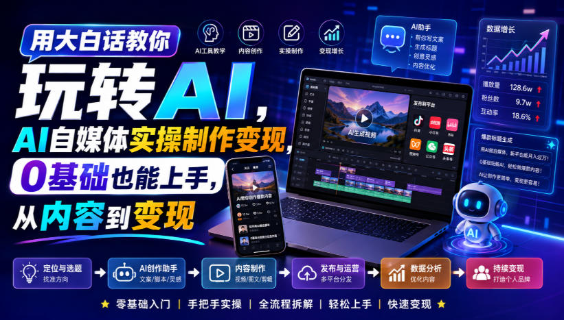用大白话教你玩转AI，AI自媒体实操制作变现，0基础也能上手，从内容到变现-87副业网 - 互联网副业项目资源分享平台