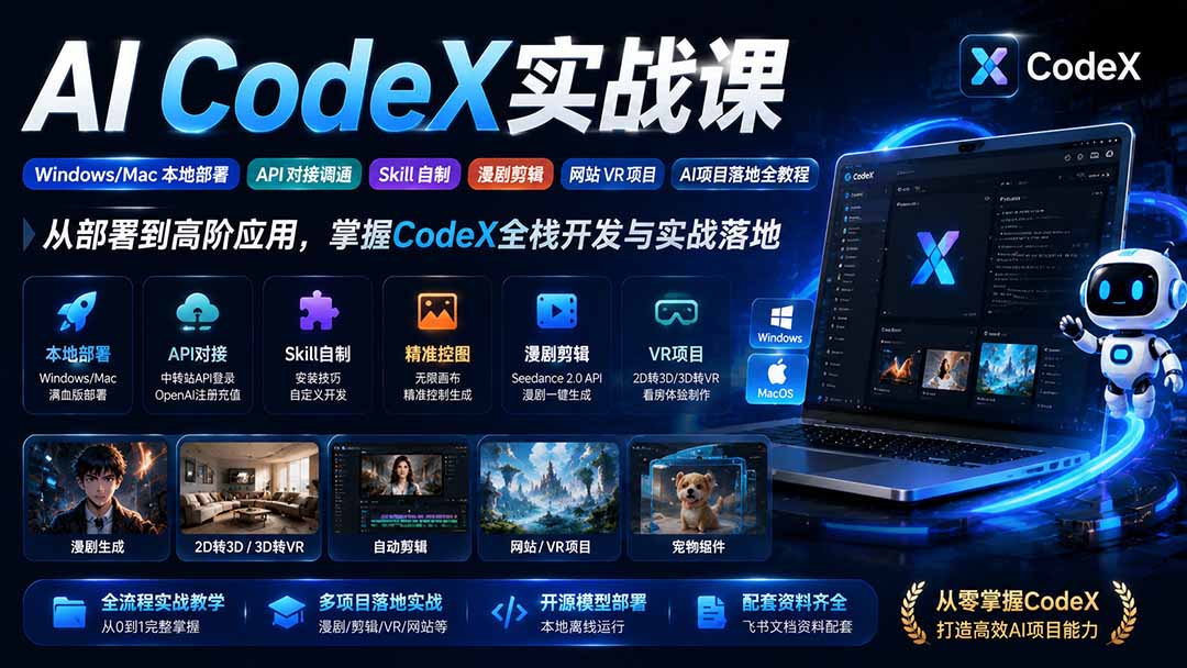 AI  CodeX实战课｜Windows/Mac 本地部署｜API 对接调通｜Skill 自制｜漫剧剪辑｜网站 VR 项目｜AI项目落地全教程-87副业网 - 互联网副业项目资源分享平台