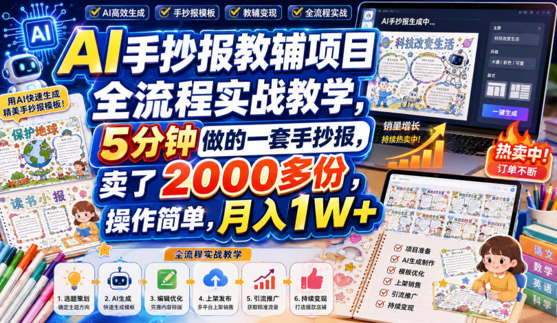 AI手抄报教辅项目全流程实战教学,5分钟做的一套手抄报,卖了2000多份,操作简单,月入1W+-87副业网 - 互联网副业项目资源分享平台