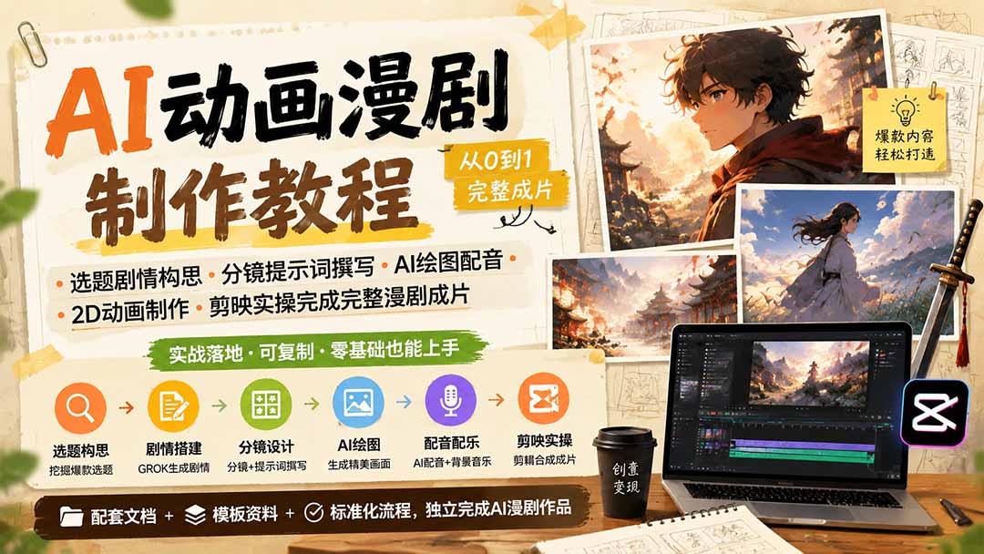 AI动画漫剧制作教程｜选题剧情构思·分镜提示词撰写·AI绘图配音·2D动画制作·剪映实操完成完整漫剧成片-87副业网 - 互联网副业项目资源分享平台