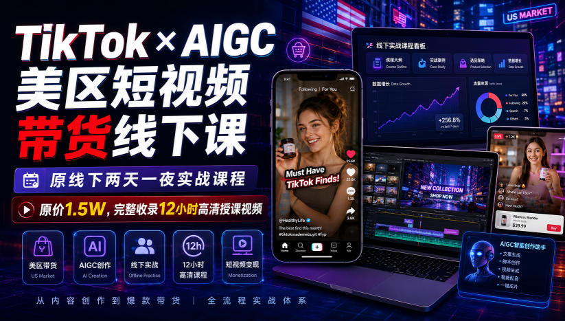 TikTok×AIGC美区短视频带货线下课，原线下两天一夜实战课程，原价1.5W，完整收录12小时高清授课视频-87副业网 - 互联网副业项目资源分享平台