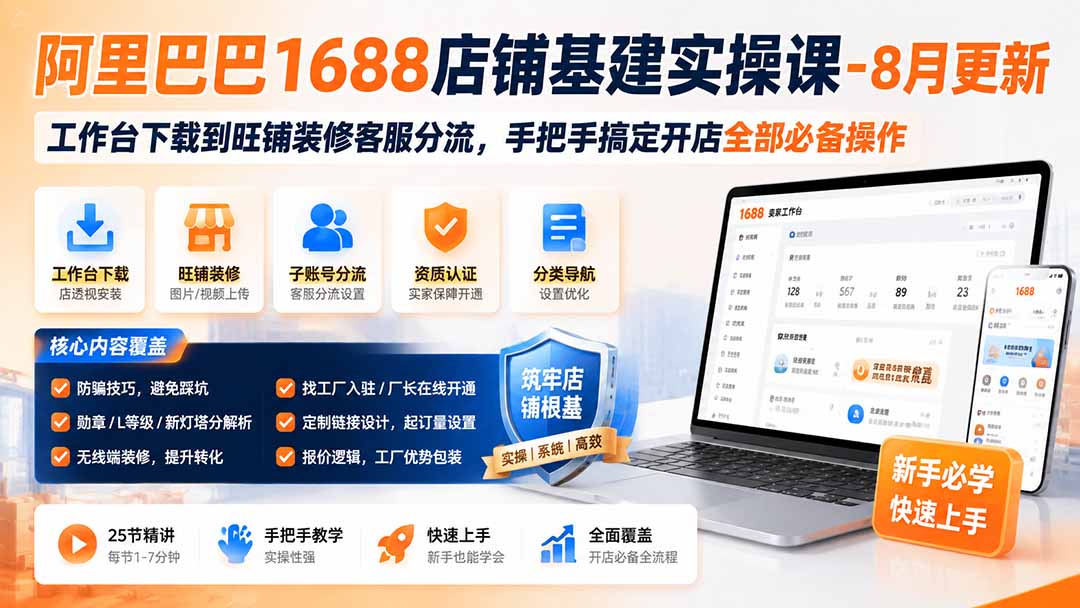 阿里巴巴1688店铺基建实操课-8月更新；工作台下载到旺铺装修客服分流，手把手搞定开店全部必备操作-87副业网 - 互联网副业项目资源分享平台
