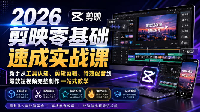 2026剪映零基础速成实战课｜新手从工具认知、剪辑剪辑、特效配音到爆款短视频完整制作一站式教学-87副业网 - 互联网副业项目资源分享平台