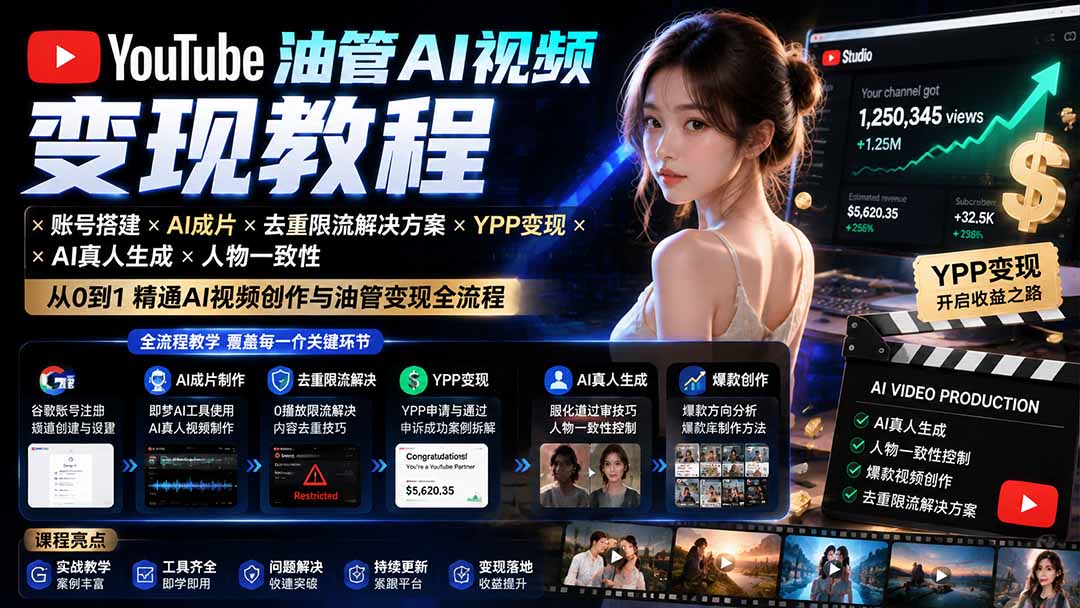 YouTube油管AI视频变现教程-更新：账号搭建×AI成片×去重限流解决方案×YPP变现×AI真人生成×人物一致性-87副业网 - 互联网副业项目资源分享平台