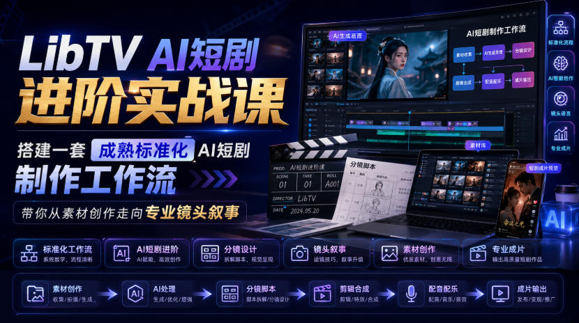LibTV AI短剧进阶实战课，搭建一套成熟标准化AI短剧制作工作流，带你从素材创作走向专业镜头叙事-87副业网 - 互联网副业项目资源分享平台