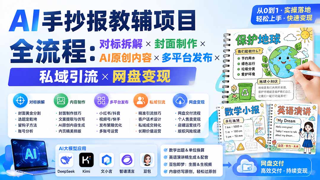 AI手抄报教辅项目全流程：对标拆解×封面制作×AI原创内容×多平台发布×私域引流×网盘变现-87副业网 - 互联网副业项目资源分享平台
