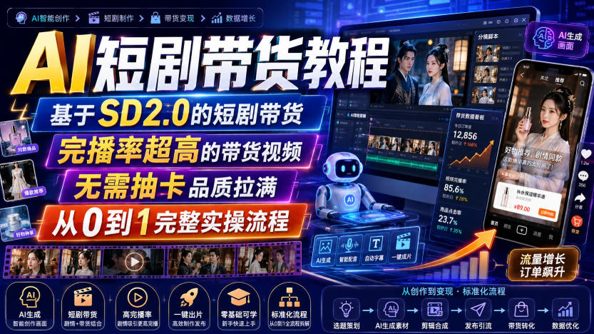 AI短剧带货教程，基于SD2.0的短剧带货，完播率超高的带货视频，无需抽卡品质拉满，从0到1完整实操流程-87副业网 - 互联网副业项目资源分享平台
