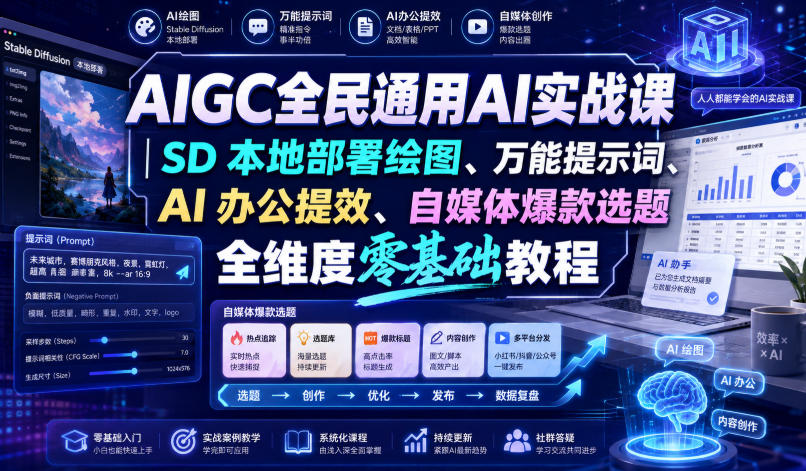AIGC全民通用AI实战课|SD本地部署绘图、万能提示词、AI办公提效、自媒体爆款选题全维度零基础教程-87副业网 - 互联网副业项目资源分享平台
