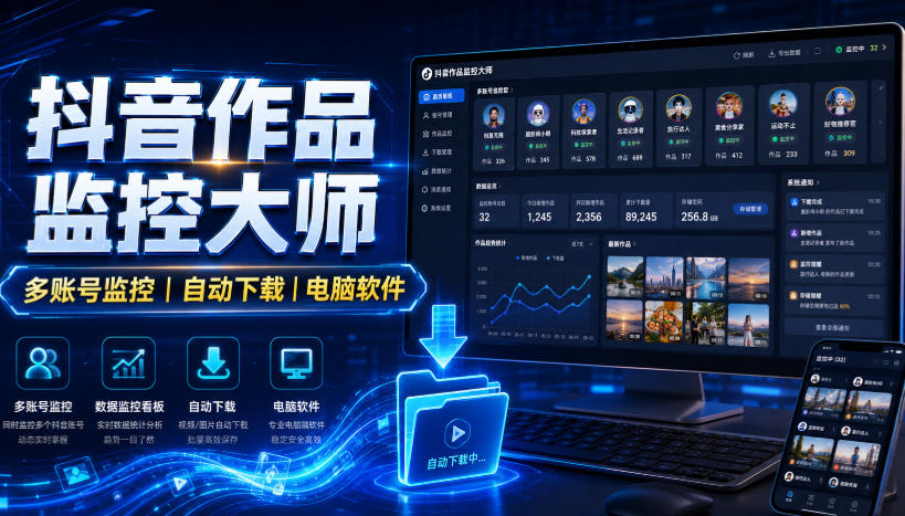 抖音作品监控大师，多账号监控丨自动下载丨电脑软件-87副业网 - 互联网副业项目资源分享平台