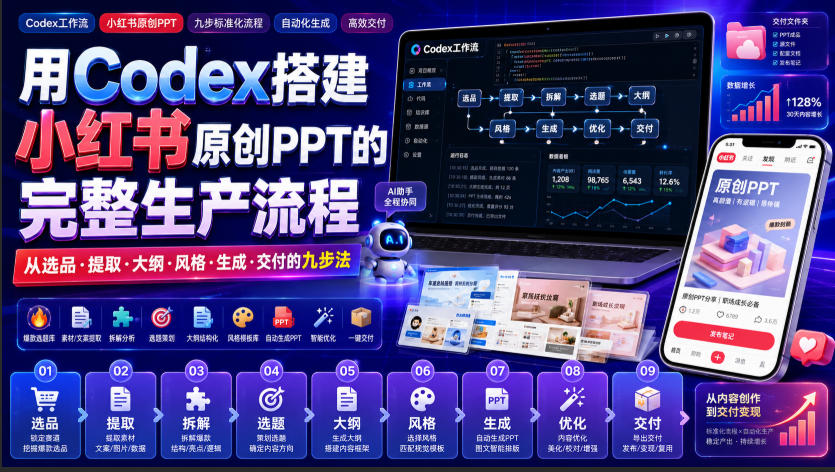 用Codex搭建小红书原创PPT的完整生产流程,从选品·提取·大纲·风格·生成·交付的九步法-87副业网 - 互联网副业项目资源分享平台