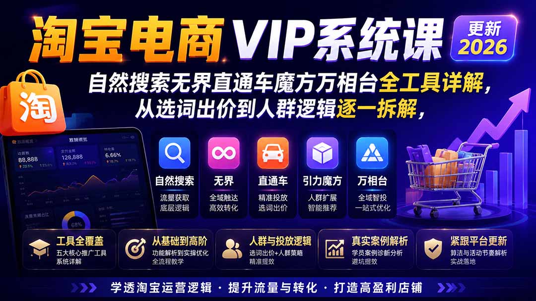 淘宝电商VIP系统课-更新8月；自然搜索无界直通车魔方万相台全工具详解，从选词出价到人群逻辑逐一拆解-87副业网 - 互联网副业项目资源分享平台